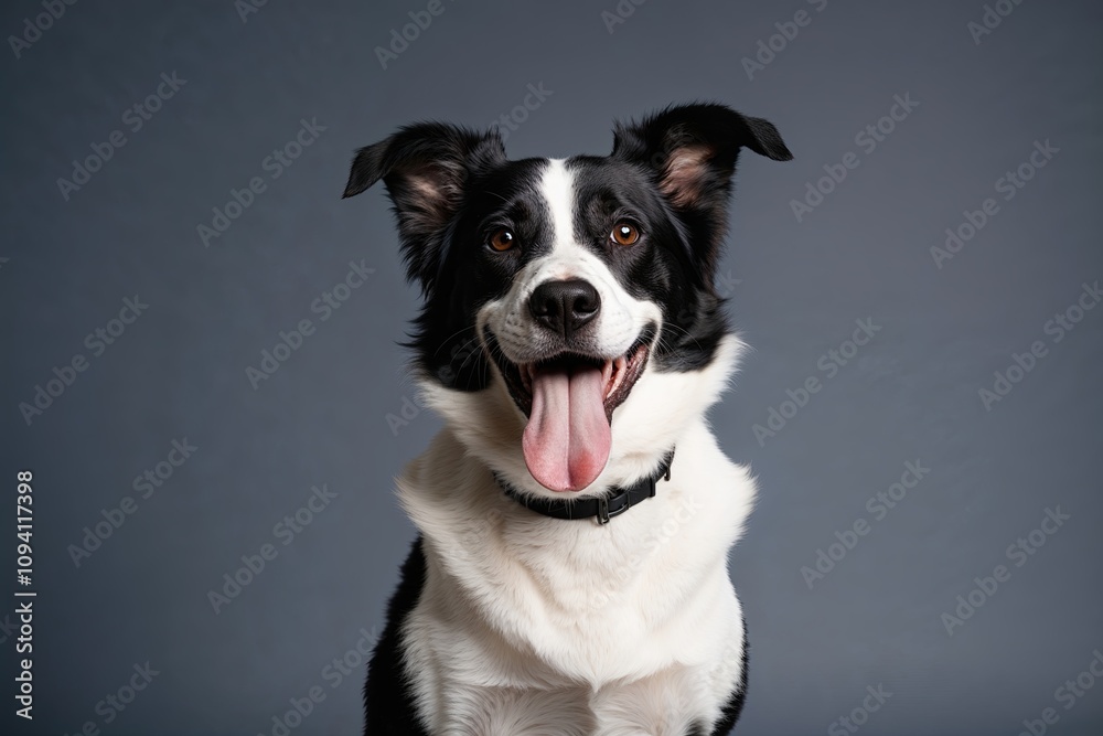 Playful Black and White Dog Sticking Tongue Out in Studio Setting