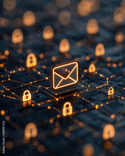 A glowing email icon surrounded by illuminated locks on a digital grid, symbolizing secure communication and data protection.