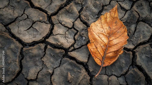 A dried, cracked leaf on a parched riverbed, Symbolizing environmental degradation and climate change
