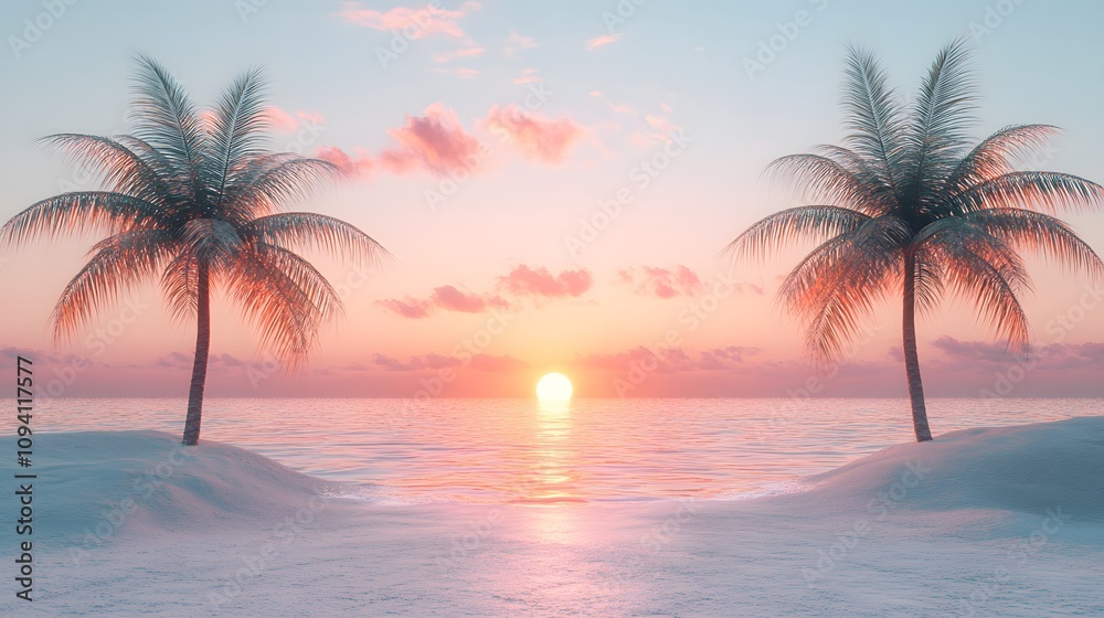 Serene sunset over a tranquil beach with palm trees silhouetted in warm colors. Serene sunset over a tranquil beach with palm trees silhouetted in warm colors.
