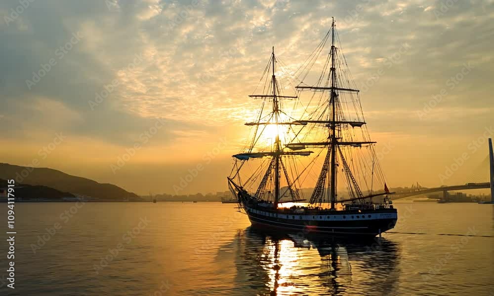 Majestic Sailing Ship Silhouette at Sunset Over Calm Ocean Waters : Generative AI Majestic Sailing Ship Silhouette at Sunset Over Calm Ocean Waters : Generative AI