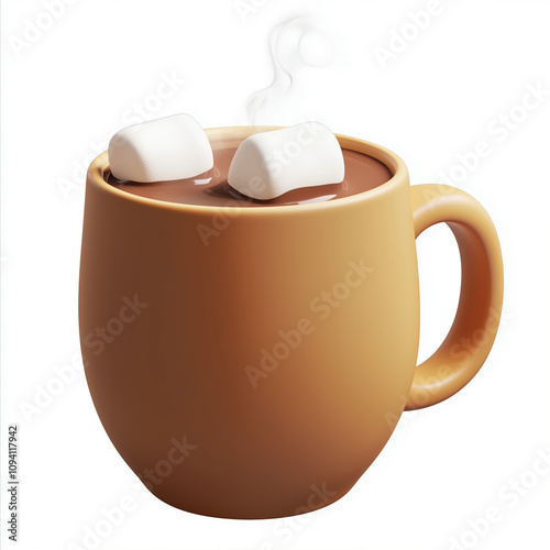 A cup of hot chocolate with marshmallow on a white background