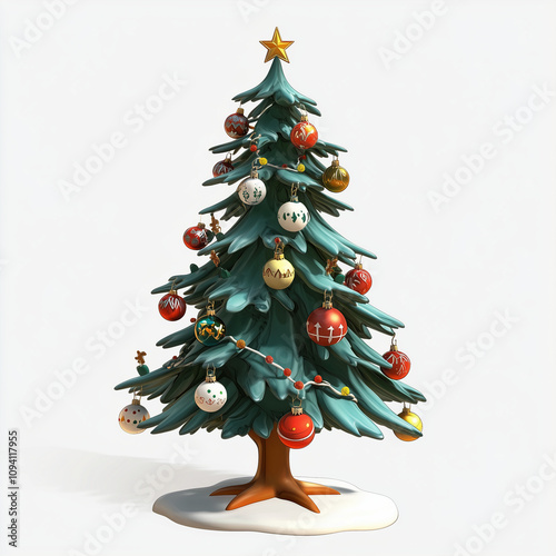 Christmas tree on a white background with colorful ornaments and a star on top, 3D style