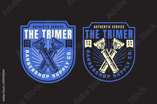 modern trimmer barber tool retro badge logo design set for barbershop, salon, haircut, shaves, hairdressing, hipster, gentleman, beauty. hair trimmer barber equipment vintage emblem logo