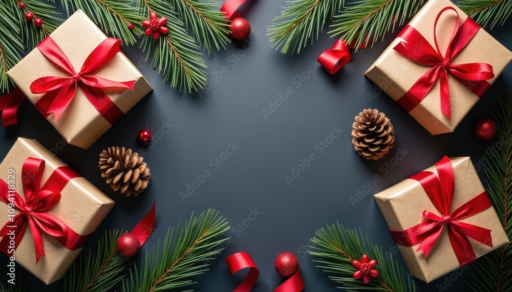 Christmas gift wrapping supplies including wrapping paper red ribbons and pinecones scattered on a dark background leaving room for a festive message. Christmas gift wrapping supplies including wrapping paper red ribbons and pinecones scattered on a dark background leaving room for a festive message.