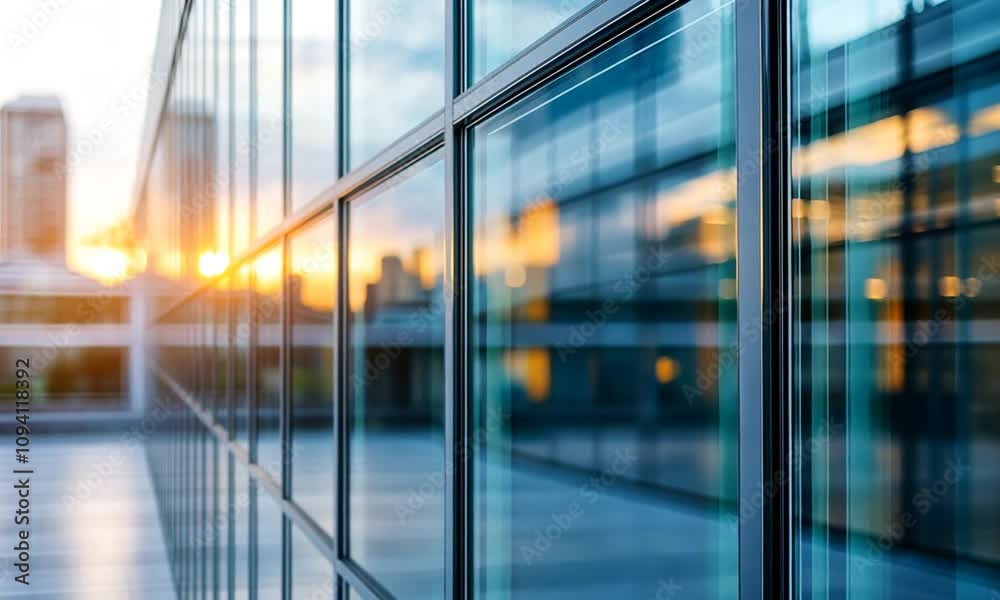 Modern Glass Building Facade Reflecting Urban Sunset in City Architecture : Generative AI