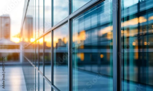 Modern Glass Building Facade Reflecting Urban Sunset in City Architecture : Generative AI