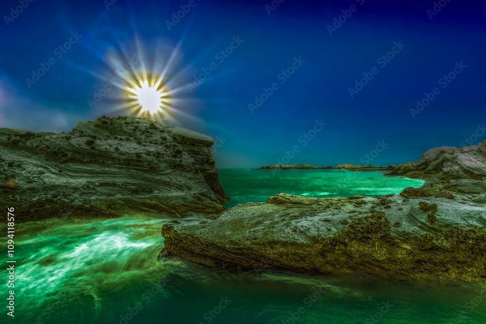 Stunning amazing rocky coast view at sunset ,beautiful bay,rock, sun rays,blue sky in Shitiping Geopark,Taitung,Taiwan For branding,calendar,postcard,screensaver,wallpaper,poster,banner,cover,website.