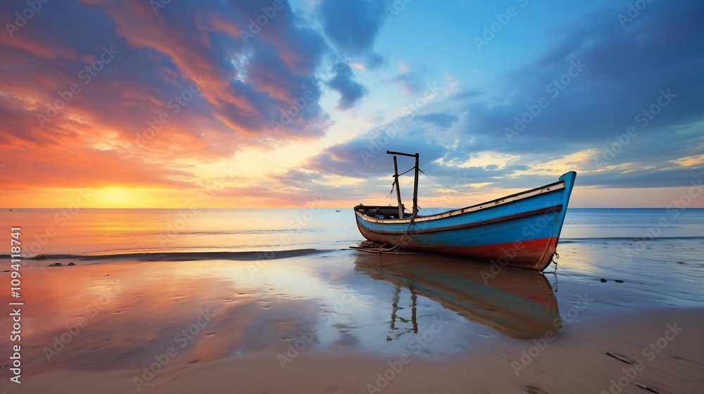 Fototapeta premium Picturesque Fishing Boat Anchored by Breathtaking Sunset on Sandy Beach