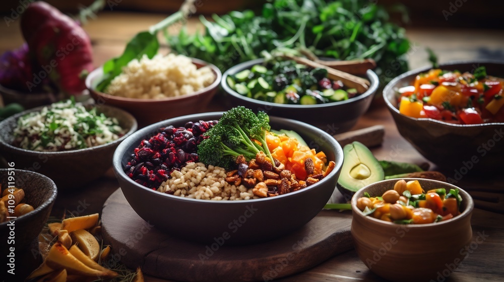 Warmly Presented Vegetarian Dishes on a Rustic Tabletop Showcase a Delightful Healthy Culinary Experience Warmly Presented Vegetarian Dishes on a Rustic Tabletop Showcase a Delightful Healthy Culinary Experience