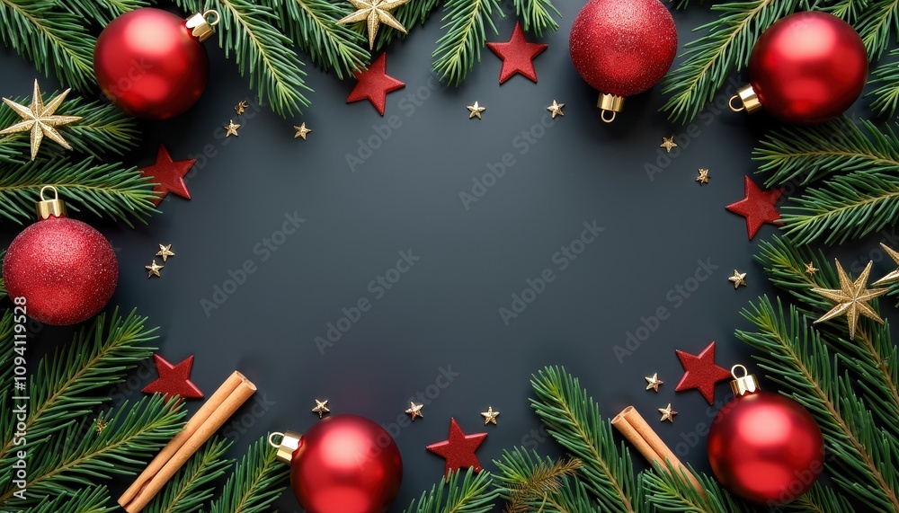Top view of red Christmas baubles, fir tree branches, cinnamon sticks, and gold stars arranged on a dark background with ample space for your holiday message. Top view of red Christmas baubles, fir tree branches, cinnamon sticks, and gold stars arranged on a dark background with ample space for your holiday message.