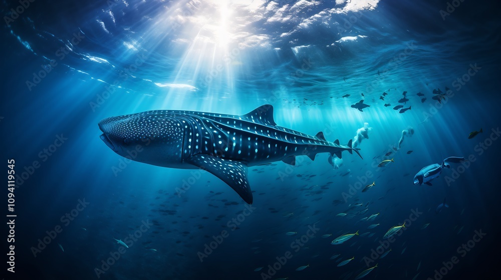 Naklejka premium Whale Shark Swimming Gracefully in the Depths of the Blue Ocean