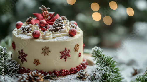 Christmas cake, christmas trees background, 8K resolution, Realistic, Photorealistic, Ultra-realistic, Hyperrealistic, Sharp focus