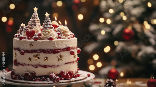 Christmas cake, christmas trees background, 8K resolution, Realistic, Photorealistic, Ultra-realistic, Hyperrealistic, Sharp focus