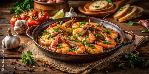 Vintage Style Photography of Traditional Spanish Shrimp with Garlic and Parsley Served on a Rustic Wooden Table with Mediterranean Decor Elements