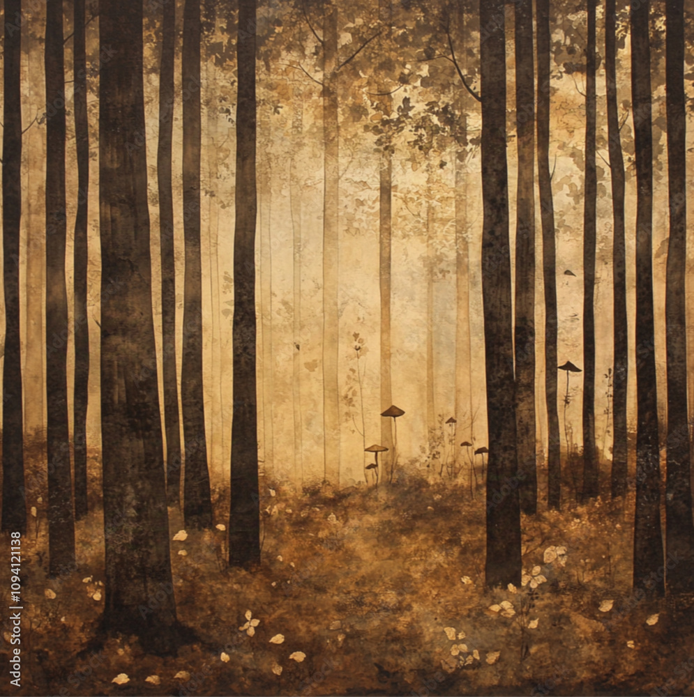 tranquil forest bathed in warm brown tones, evoking an earthy. Towering trees, textured bark stretch upwards, branches forming a delicate canopy, floor is blanketed in tapestry of fallen leaves. tranquil forest bathed in warm brown tones, evoking an earthy. Towering trees, textured bark stretch upwards, branches forming a delicate canopy, floor is blanketed in tapestry of fallen leaves.