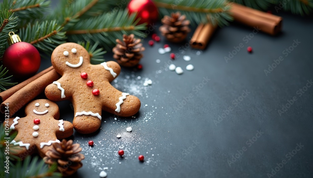Cozy winter holiday setting with gingerbread cookies, cinnamon sticks, red baubles, and pinecones on a dark surface with ample space for festive wishes. Cozy winter holiday setting with gingerbread cookies, cinnamon sticks, red baubles, and pinecones on a dark surface with ample space for festive wishes.