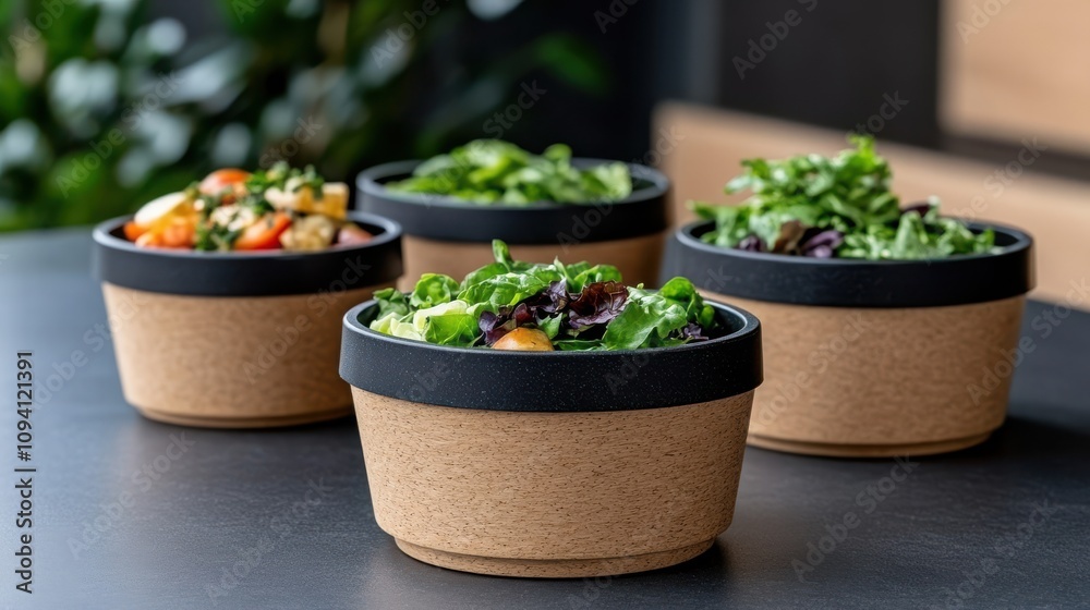 A minimalist kitchen display features vibrant green salads in simple, elegant bowls, lit by natural light from a nearby window. A minimalist kitchen display features vibrant green salads in simple, elegant bowls, lit by natural light from a nearby window.