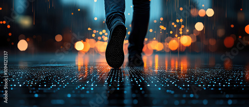 Person walking through smart city, A person walks through a rainy urban street, with vibrant bokeh lights illuminating the wet pavement beneath their feet.