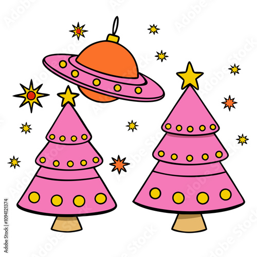 Cosmic Christmas Trees: Two pink Christmas trees adorned with yellow circles, a flying saucer carrying an orange bauble, and scattered stars create a whimsical, retro-futuristic Christmas scene. 