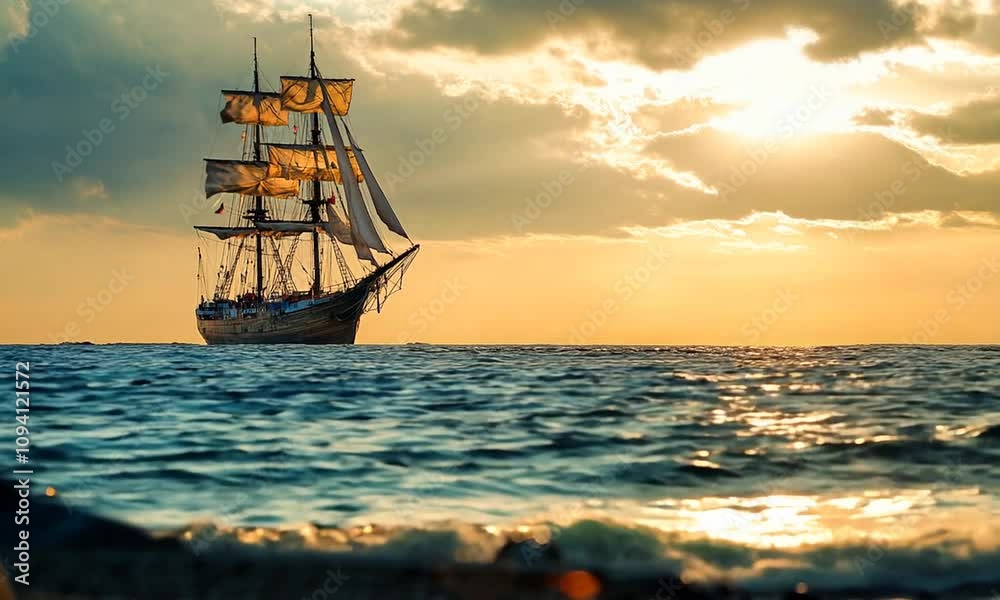 Majestic Sailing Ship on Open Sea at Sunrise with a Warm Golden Glow and Dramatic Sky : Generative AI Majestic Sailing Ship on Open Sea at Sunrise with a Warm Golden Glow and Dramatic Sky : Generative AI