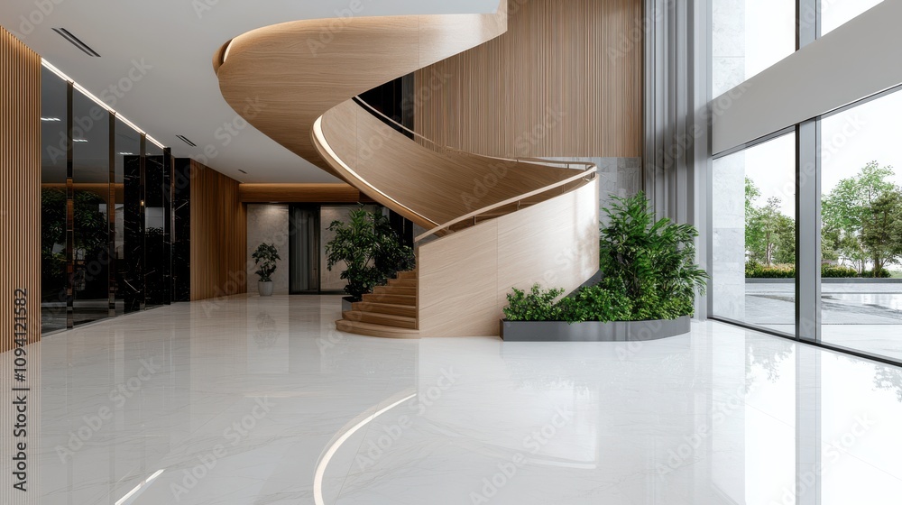 Fototapeta premium A sleek spiral staircase in a luxurious, modern interior with glossy surfaces and lush greenery, exuding sophistication and architectural elegance.