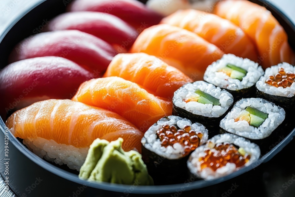 Savoring a fresh sushi platter assorted nigiri and sashimi delights in a japanese restaurant setting Savoring a fresh sushi platter assorted nigiri and sashimi delights in a japanese restaurant setting