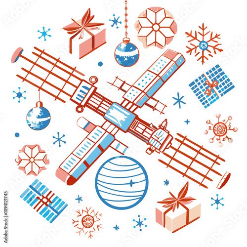 Space Station Christmas: A whimsical illustration of a space station adorned with festive ornaments and gifts, orbiting a stylized Earth.