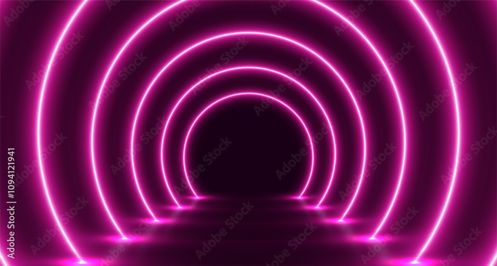Naklejka premium Neon glowing arch tunnel, futuristic room with led corridor, modern background. Vector illustration.