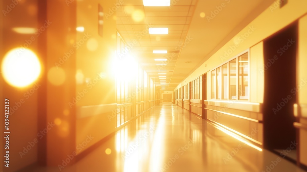 A sunlit hospital corridor, conveying a sense of warmth and tranquility. A sunlit hospital corridor, conveying a sense of warmth and tranquility.