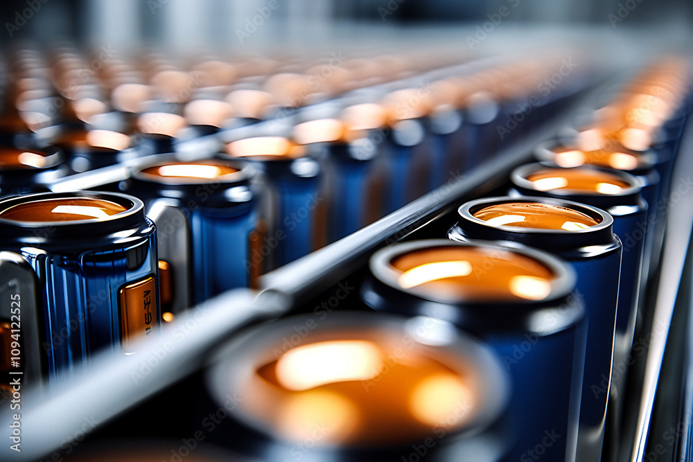 Naklejka premium Close-Up of Automated Battery Manufacturing Line Highlighting Advanced Energy Storage Solutions and Industrial Efficiency