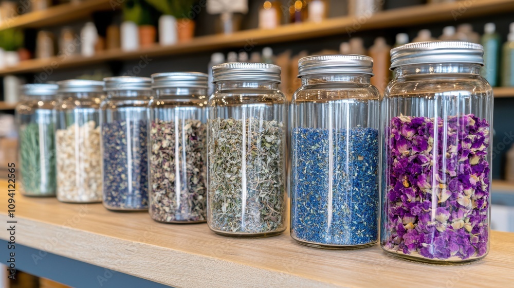 Rows of jars filled with dried flowers and herbs, offering a fragrant, colorful array for culinary and decorative use. Rows of jars filled with dried flowers and herbs, offering a fragrant, colorful array for culinary and decorative use.