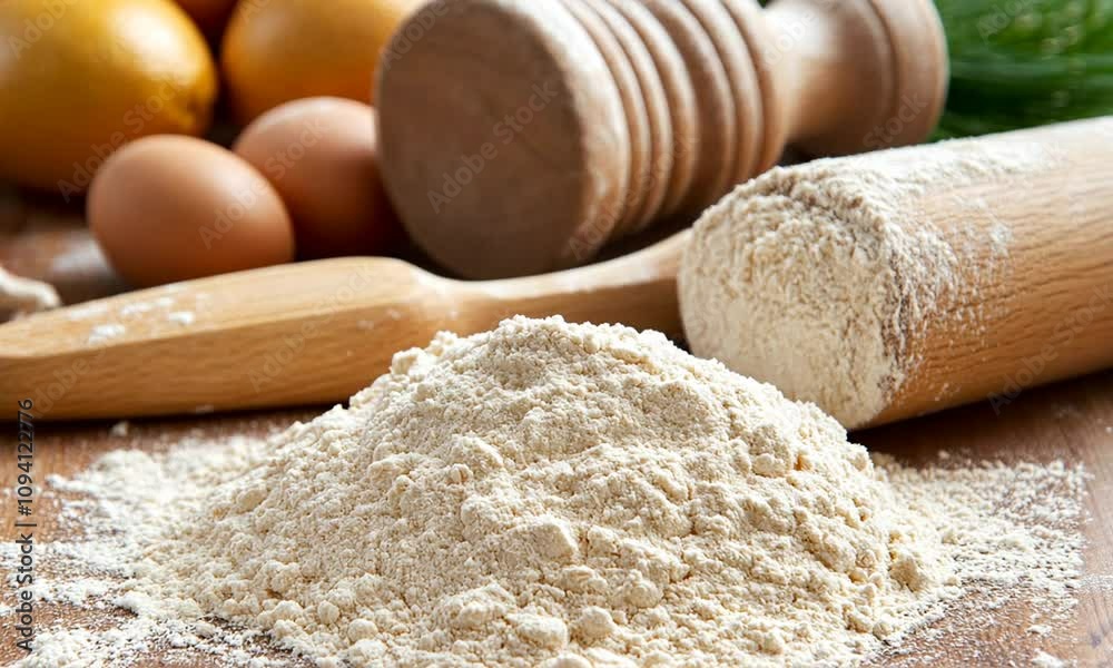 Rustic Kitchen Baking Scene with Flour Eggs and Rolling Pin on Wooden Surface : Generative AI Rustic Kitchen Baking Scene with Flour Eggs and Rolling Pin on Wooden Surface : Generative AI