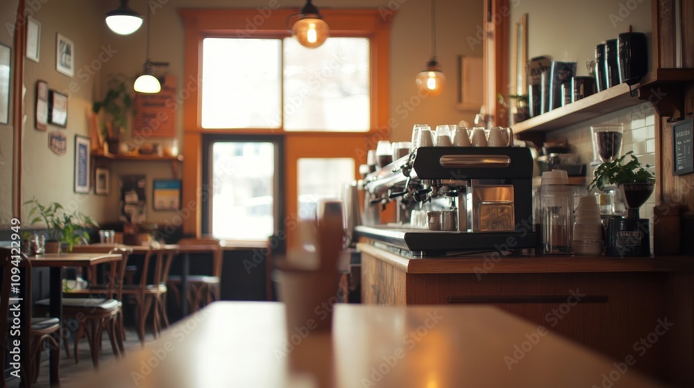 A cozy caf? interior featuring a coffee machine and wooden furniture. A cozy caf? interior featuring a coffee machine and wooden furniture.