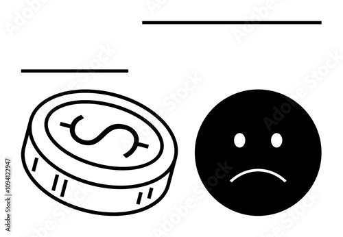Coin with dollar sign next to a sad face expressing financial stress. Ideal for banking, finance, debt management, economic issues, personal finance, payday loans, emotional impact. Line metaphor