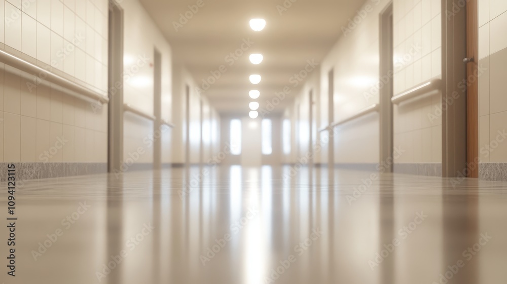 A long, well-lit corridor with doors and polished floors, suggesting a clean environment. A long, well-lit corridor with doors and polished floors, suggesting a clean environment.