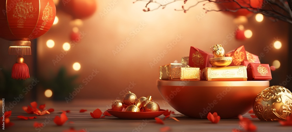 A festive podium featuring gold ingots, red envelopes, and lanterns, with a soft glowing background and ample space in the foreground for product display. A festive podium featuring gold ingots, red envelopes, and lanterns, with a soft glowing background and ample space in the foreground for product display.