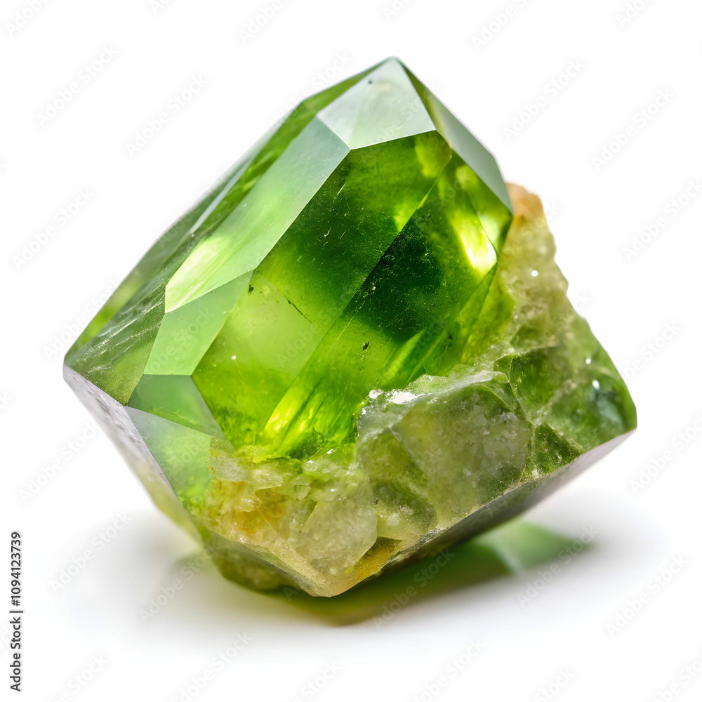 A sparkling peridot crystal shines brightly against a white background. A sparkling peridot crystal shines brightly against a white background.