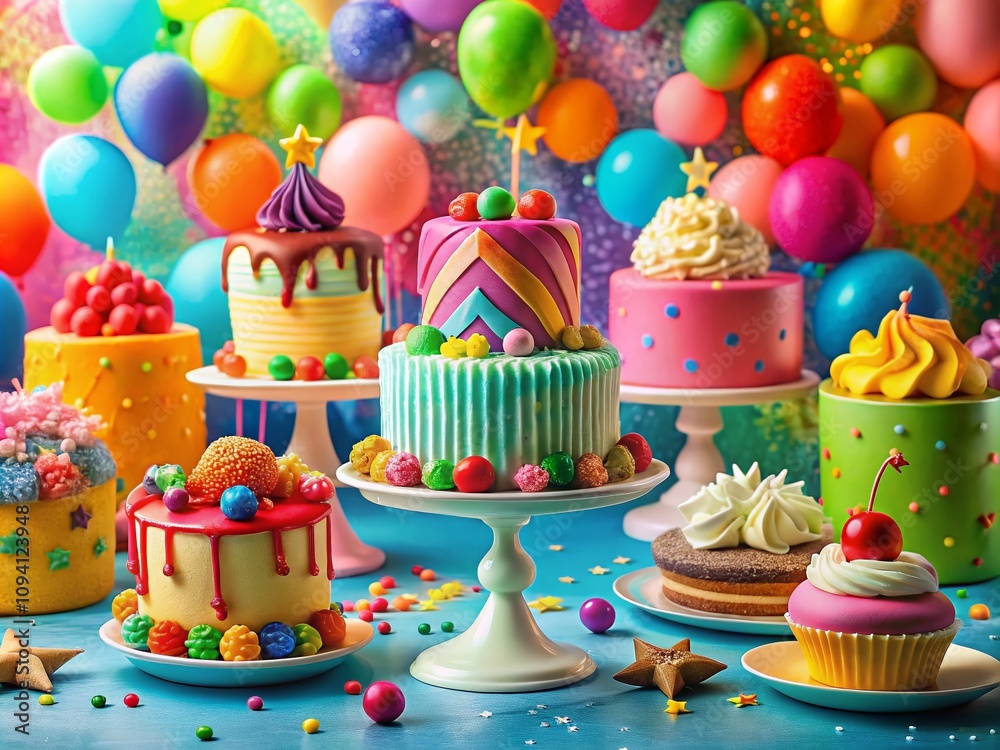 Whimsical Birthday Cakes with Colorful Frosting and Playful Decorations for a Joyful Celebration in a Panoramic View Whimsical Birthday Cakes with Colorful Frosting and Playful Decorations for a Joyful Celebration in a Panoramic View