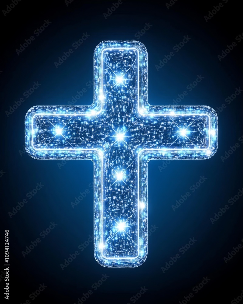 Fototapeta premium Glowing Blue Digital Cross Religious Symbol Faith Hope Spirituality Light Abstract