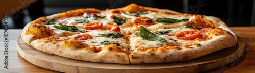 Handtossed margherita pizza creation italian kitchen culinary delight cozy environment close-up view ripe tomato concept photo