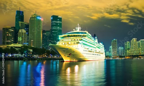 Illuminated Cruise Ship Docked Against Modern Cityscape at Night with Reflections on Water : Generative AI