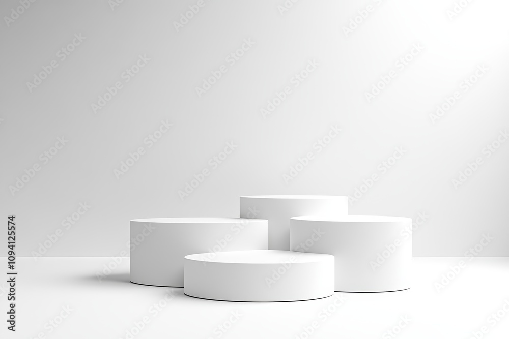 Minimalist White Podiums in Triangular Formation on Plain Background Concept Minimalist White Podiums in Triangular Formation on Plain Background Concept