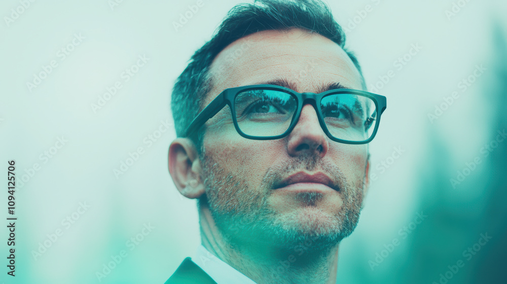 Scientist with environmental sensors, A thoughtful man in glasses gazes into the distance, exuding confidence and determination amidst a serene outdoor backdrop. Scientist with environmental sensors, A thoughtful man in glasses gazes into the distance, exuding confidence and determination amidst a serene outdoor backdrop.