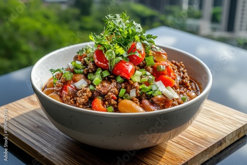 Savor the flavor hearty chili con carne with ground beef beans and tomatoes - a culinary delight in the comfort of home