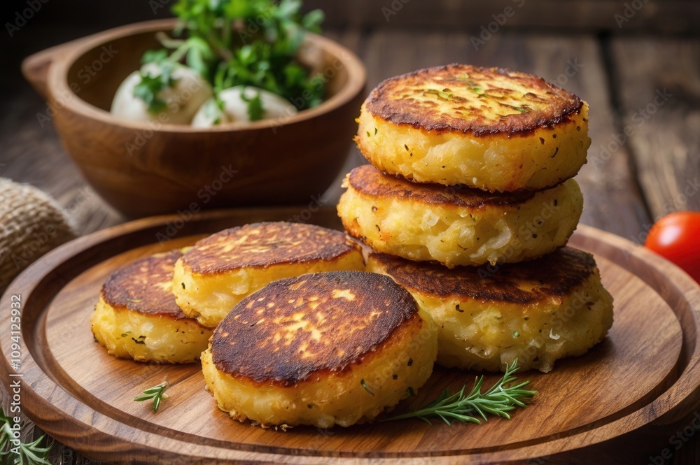 Delicious golden-brown potato cakes stacked on a wooden tray.