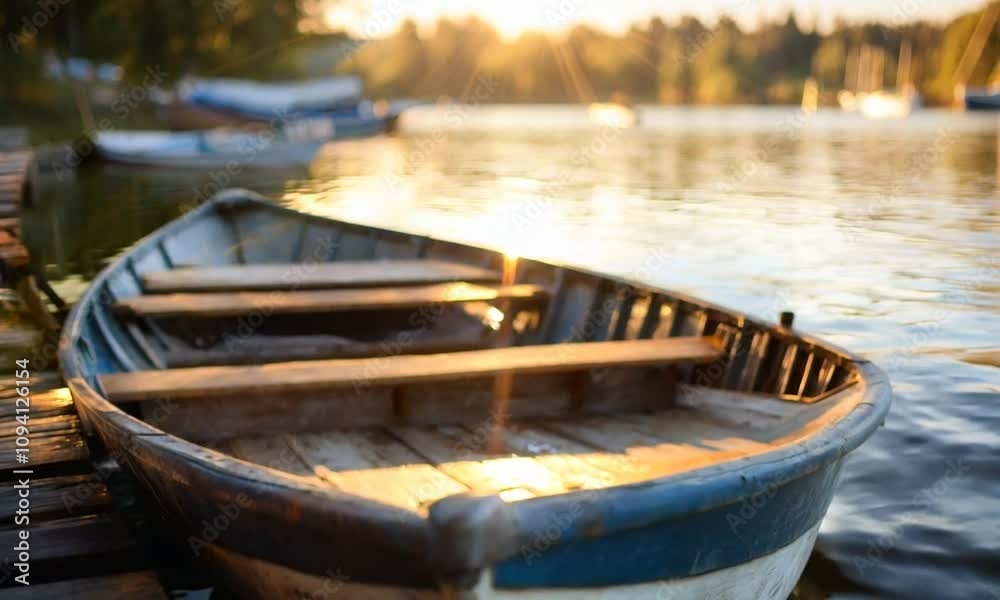 Rustic Wooden Rowboat Resting Quietly on Peaceful Lake by Idyllic Morning Light : Generative AI