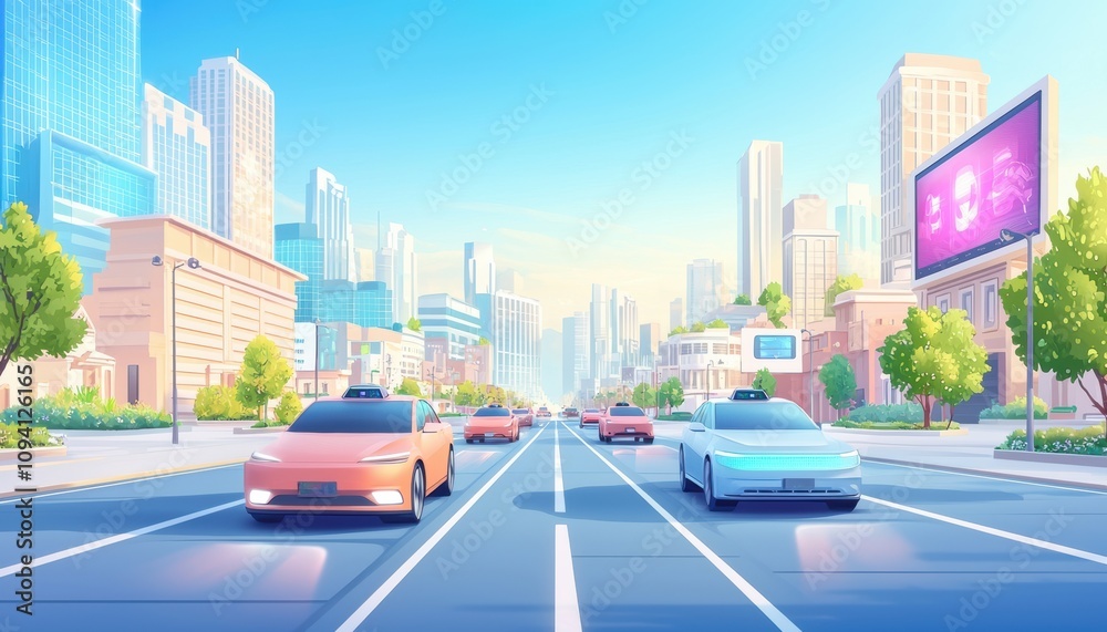 Obraz premium A vibrant city scene featuring colorful cars on a wide road with skyscrapers and billboards under a bright blue sky.