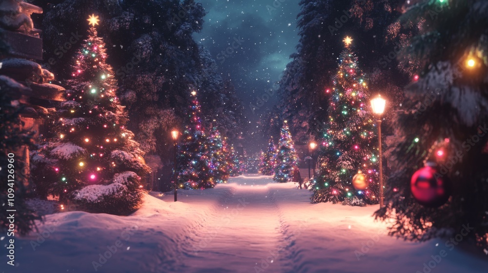 A winter wonderland scene featuring a snow-covered street lined with Christmas trees decorated in bright colorful lights and ornaments A winter wonderland scene featuring a snow-covered street lined with Christmas trees decorated in bright colorful lights and ornaments