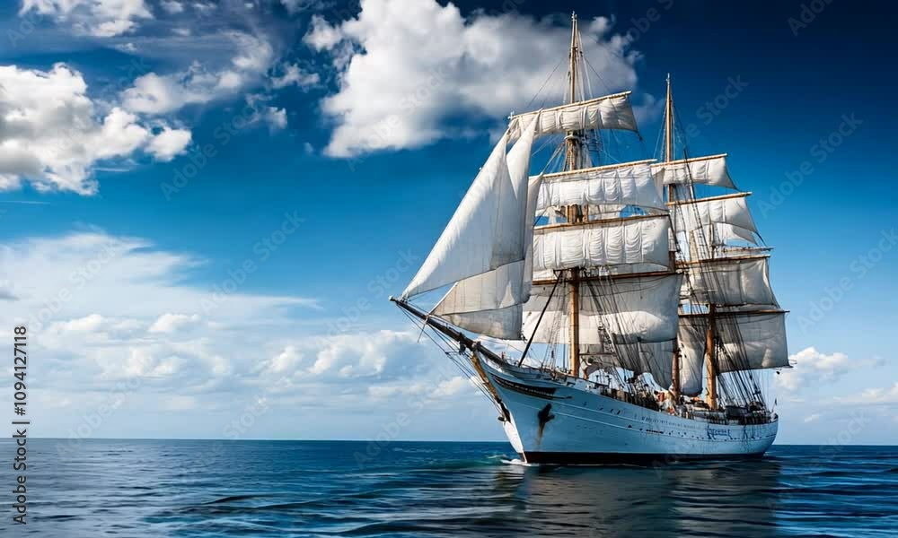 Majestic Tall Ship with Billowing White Sails on Open Blue Sea : Generative AI Majestic Tall Ship with Billowing White Sails on Open Blue Sea : Generative AI